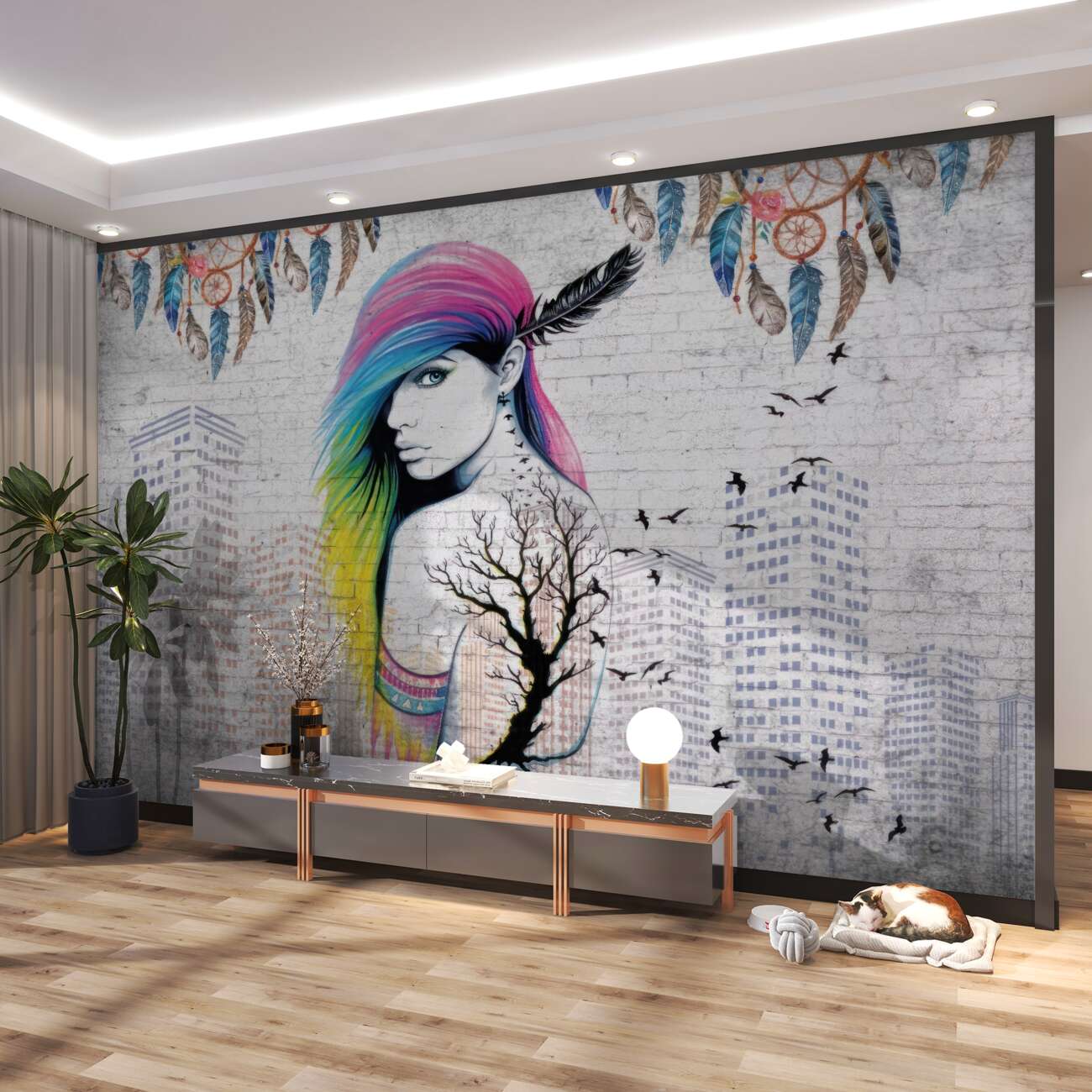 Fototapeta Dziewczyna z kolorowymi włosami na tle miasta