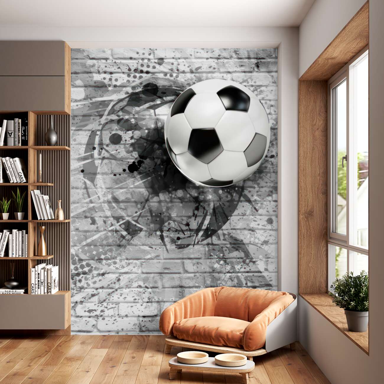 Fototapeta Piłka nożna na tle ceglanej ściany