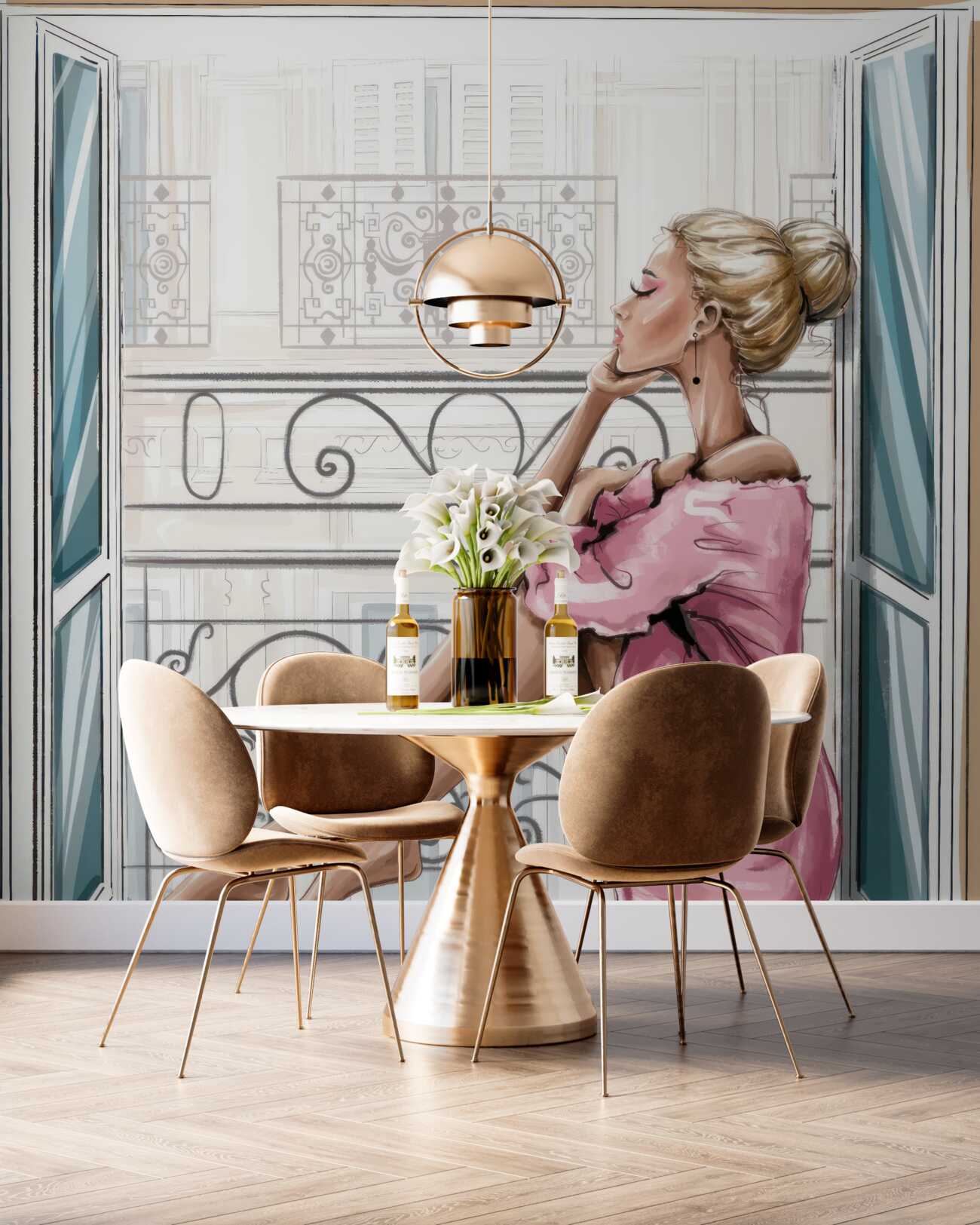 Fototapeta Dziewczyna na ilustracji balkonowej