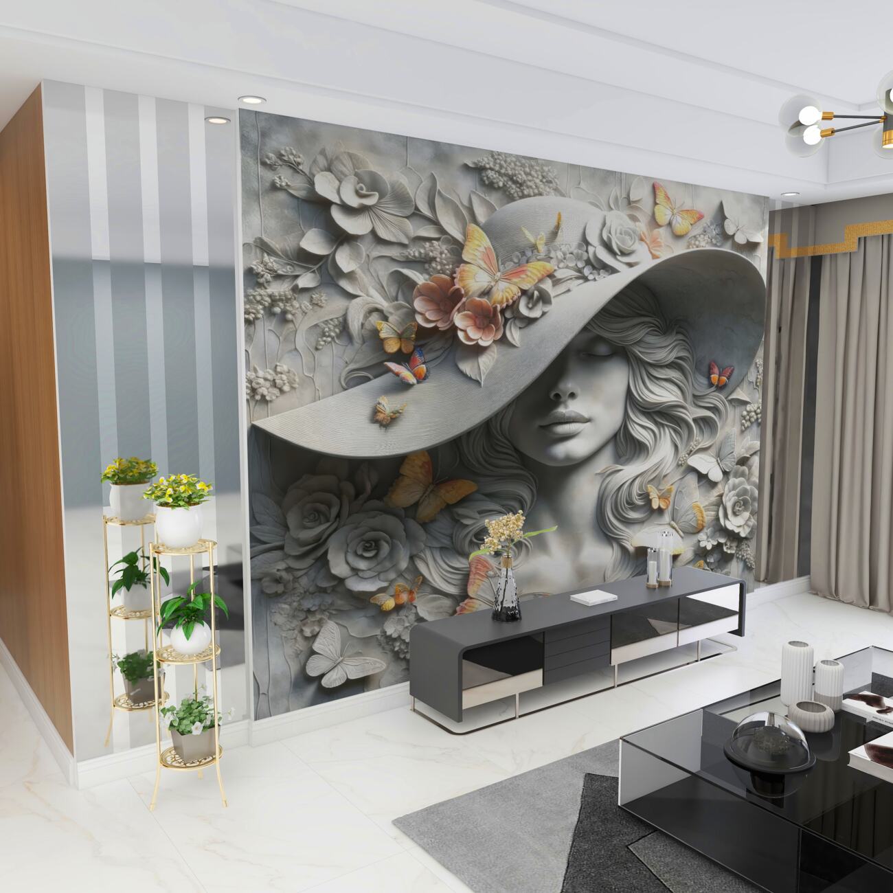 Fototapeta Dziewczyna w okrągłym kapeluszu z motylami