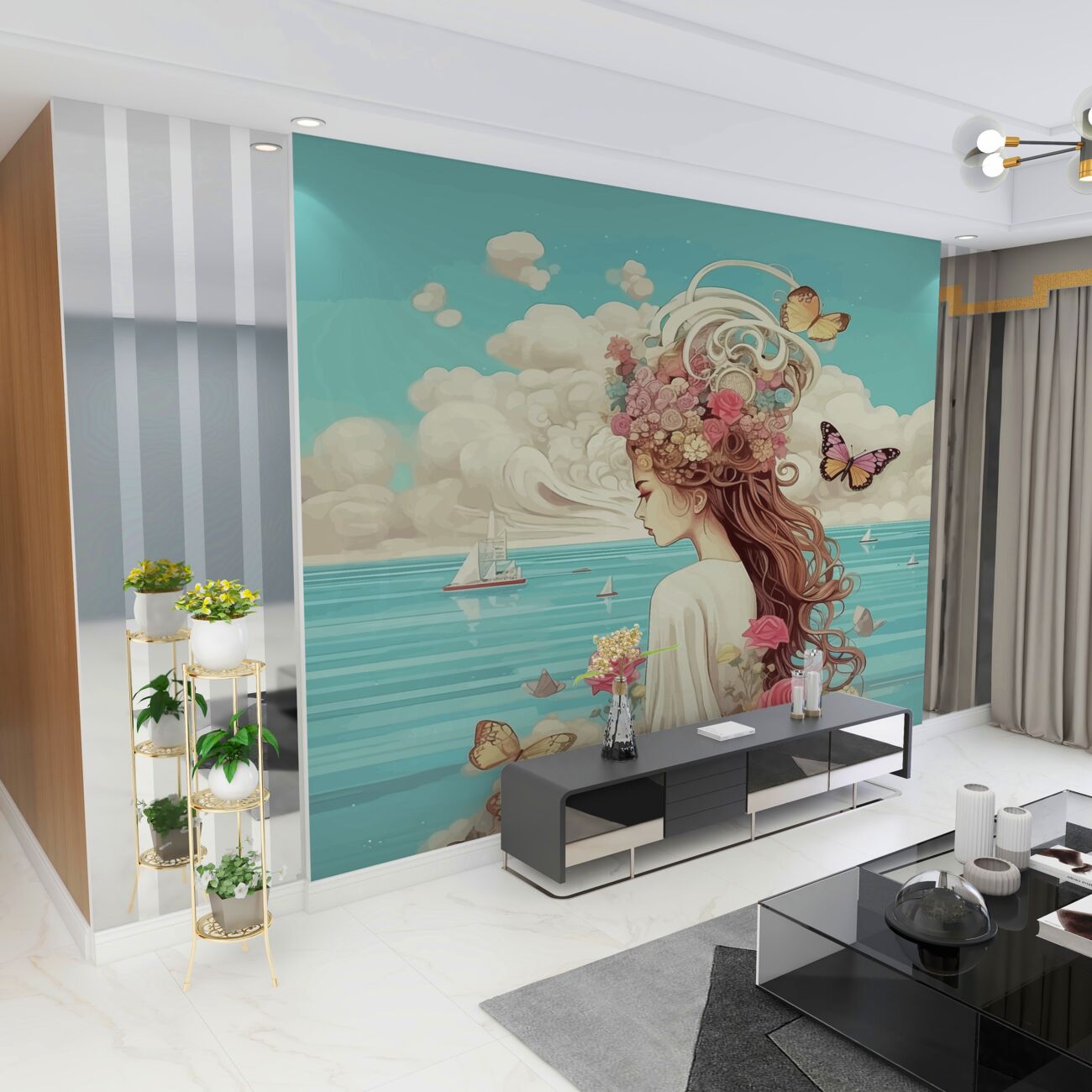 Fototapeta Młoda dziewczyna w kwiatach nad morzem