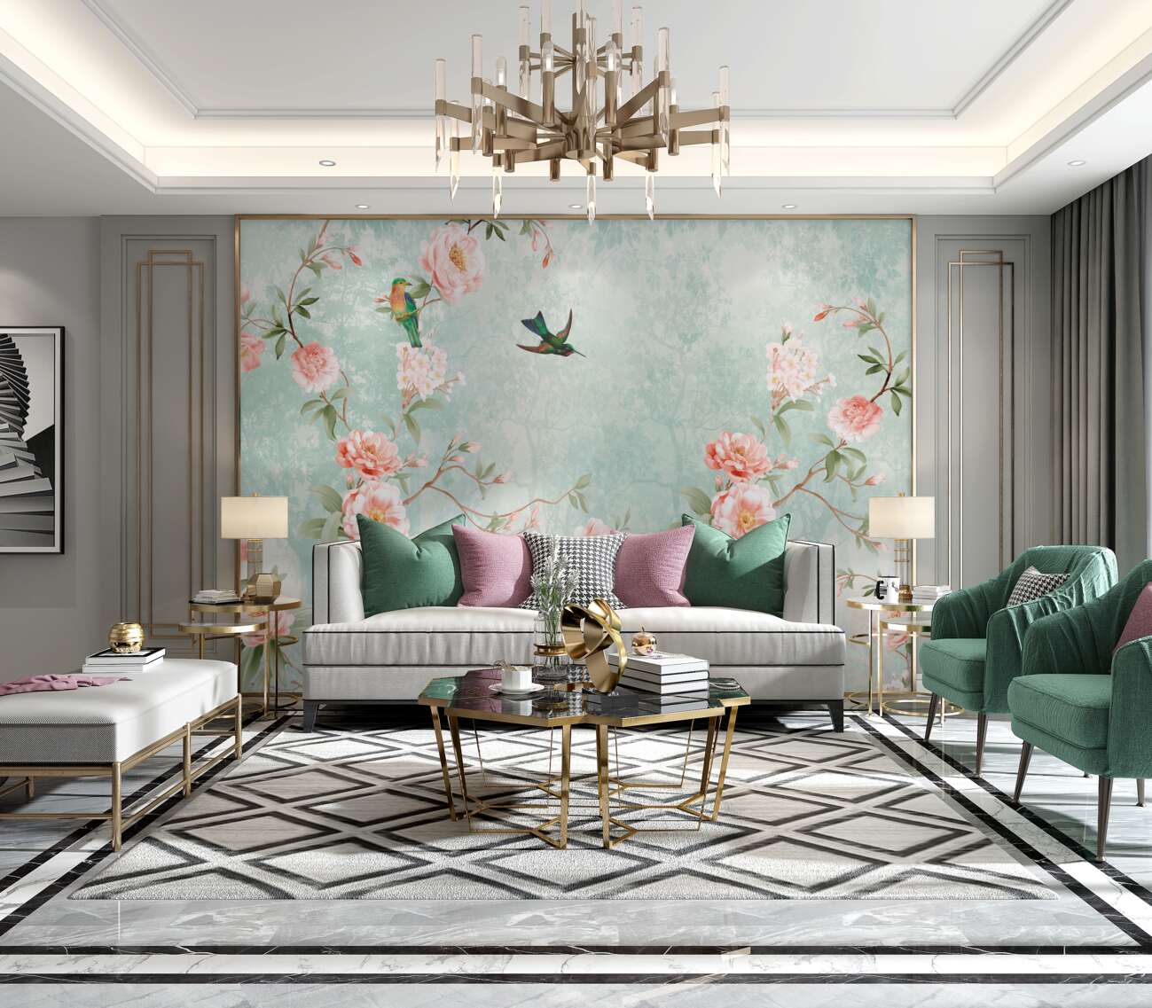 Fototapeta Papugi nad kwiatem wiśniowym