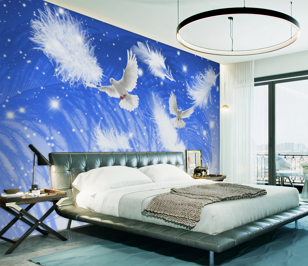 Fototapeta lot białych ptaków i ich piór na niebie