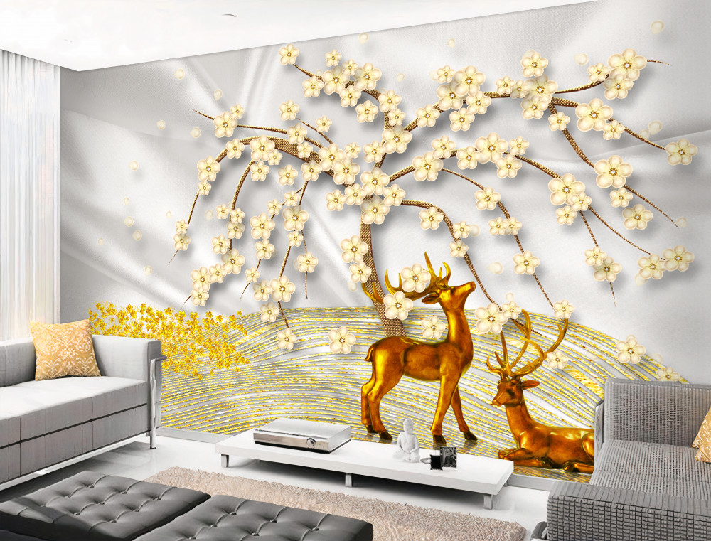 Fototapeta złoty jeleń spaceruje pod sakurą