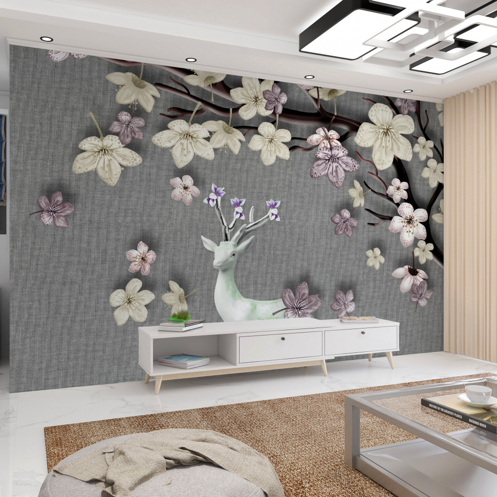 Fototapeta biały jeleń i kwitnące gałęzie magnolii