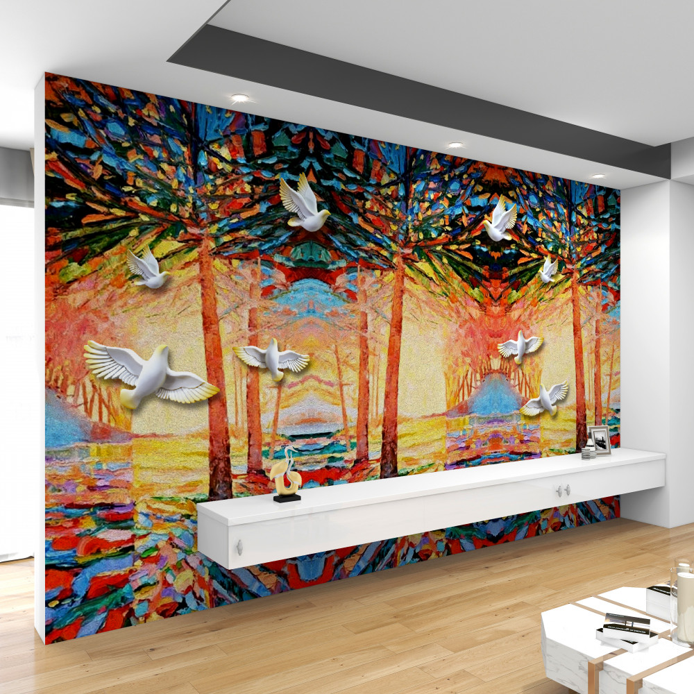 Fototapeta białe gołębie na stawie o zachodzie słońca