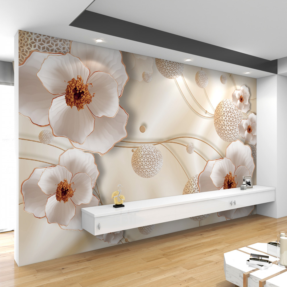 Fototapeta złote gałęzie z białymi kwiatami i dżetów