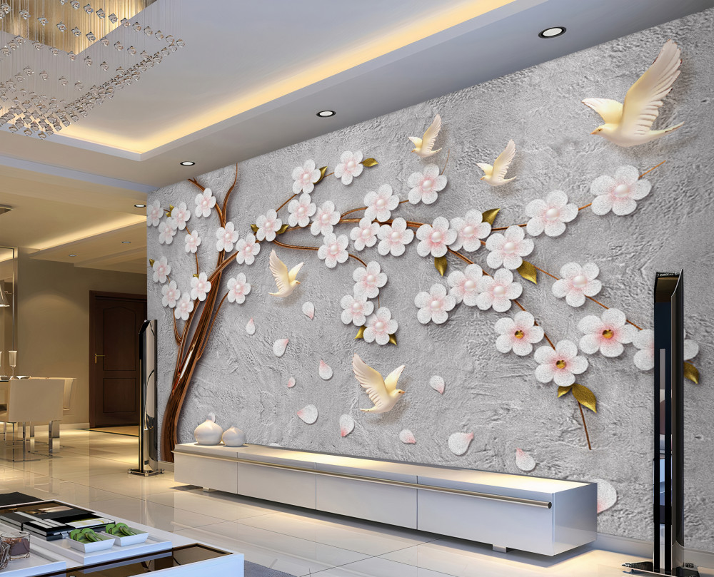 Fototapeta białe gołębie i kwitnące drzewo