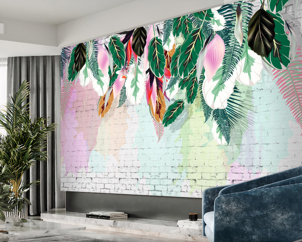 Fototapeta tropikalne liście na różowym tle