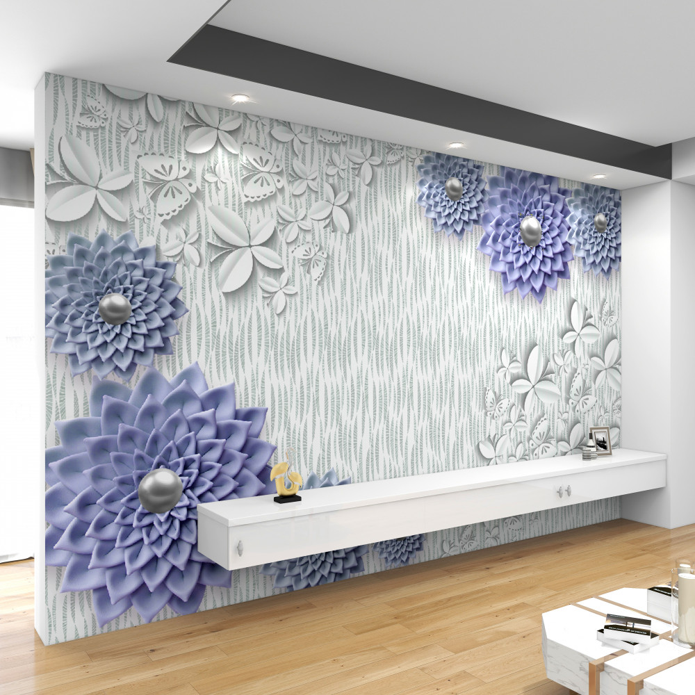 Fototapeta niebieskie kwiaty i motyle z tkaniny