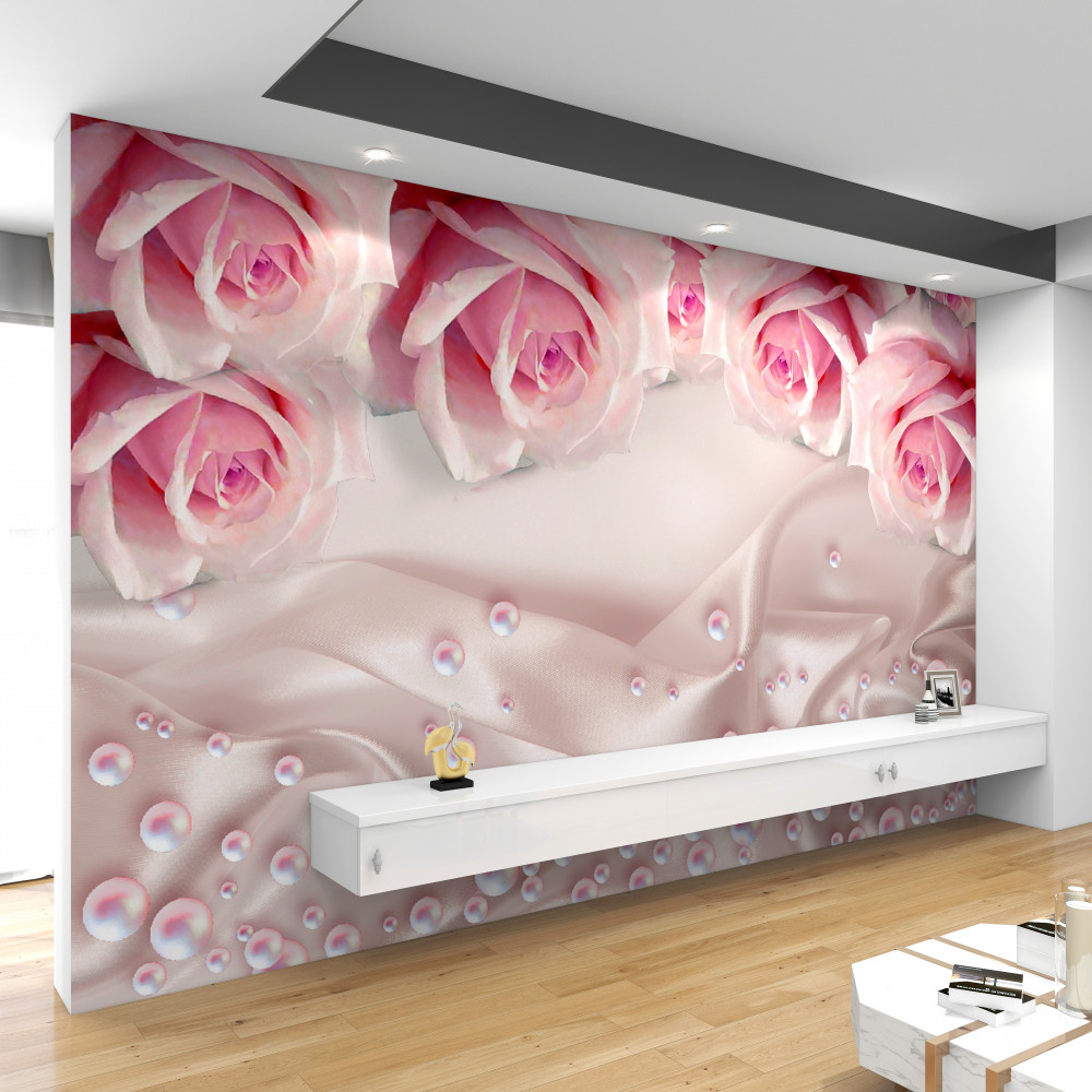 Fototapeta kompozycja różowych jedwabnych róż i koralików