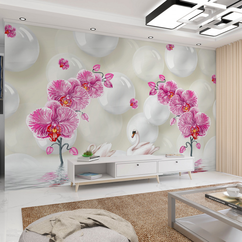 Fototapeta liliowa magnolia i łabędzie na jeziorze