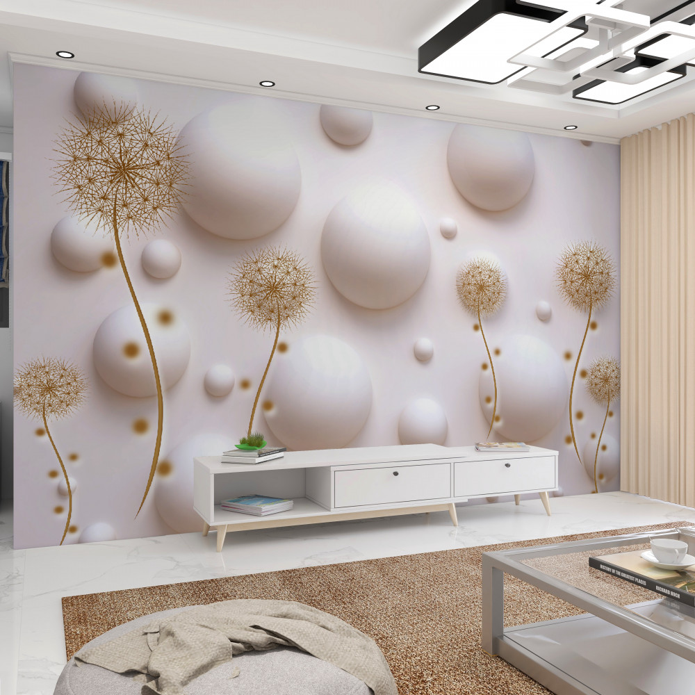 Fototapeta okrągłe białe perły i złote mlecze