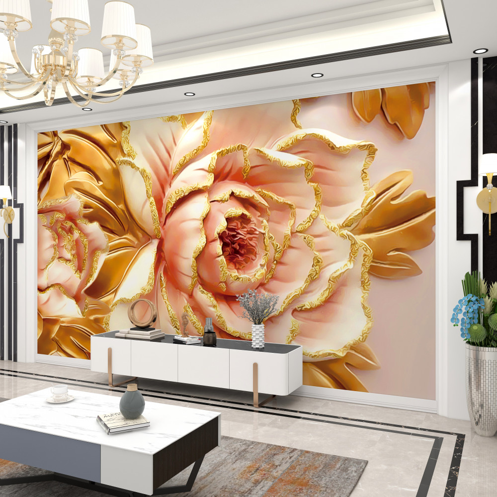 Fototapeta kwitnąca piwonia ze złotymi liśćmi