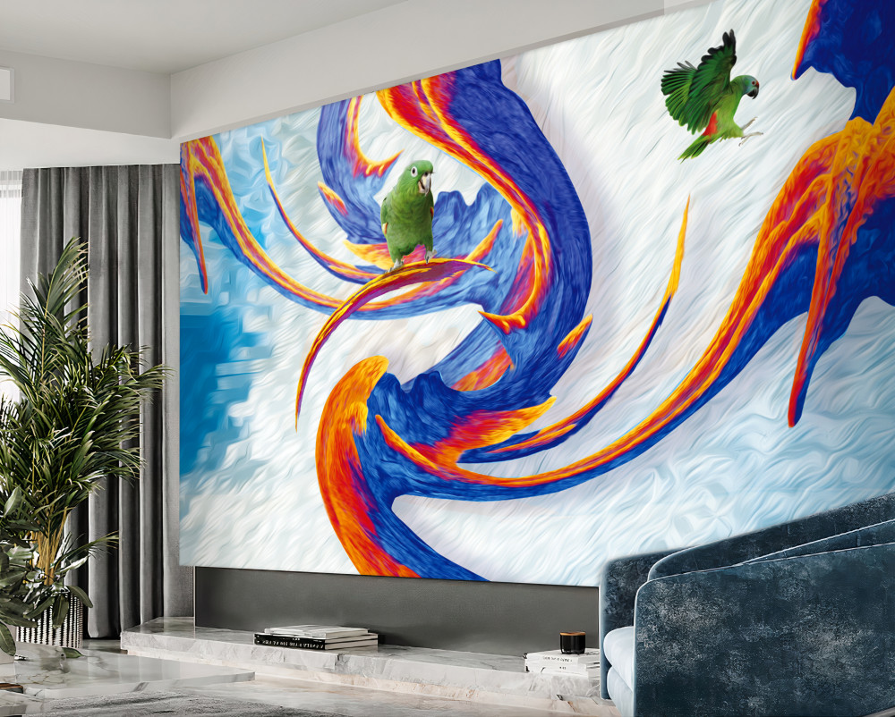 Fototapeta papugi na abstrakcji drzew