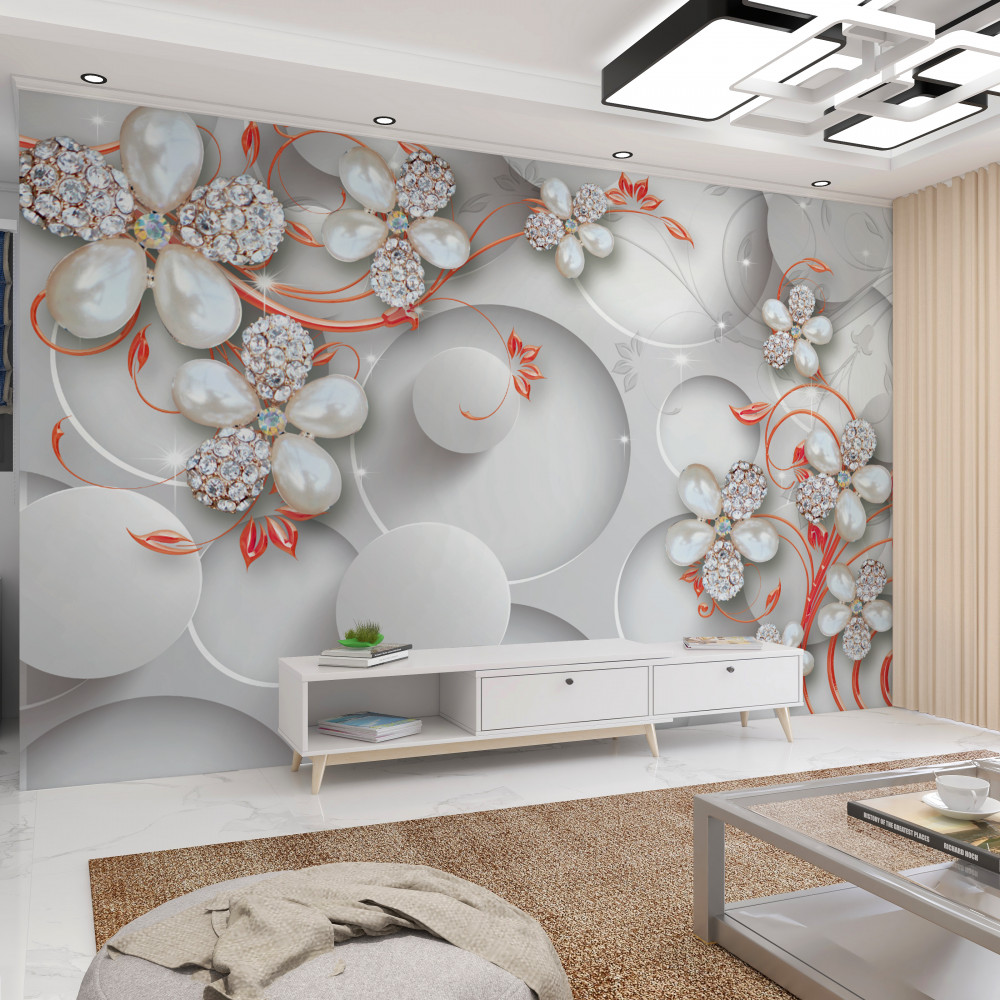 Fototapeta białe kwiaty z perłami i kryształkami