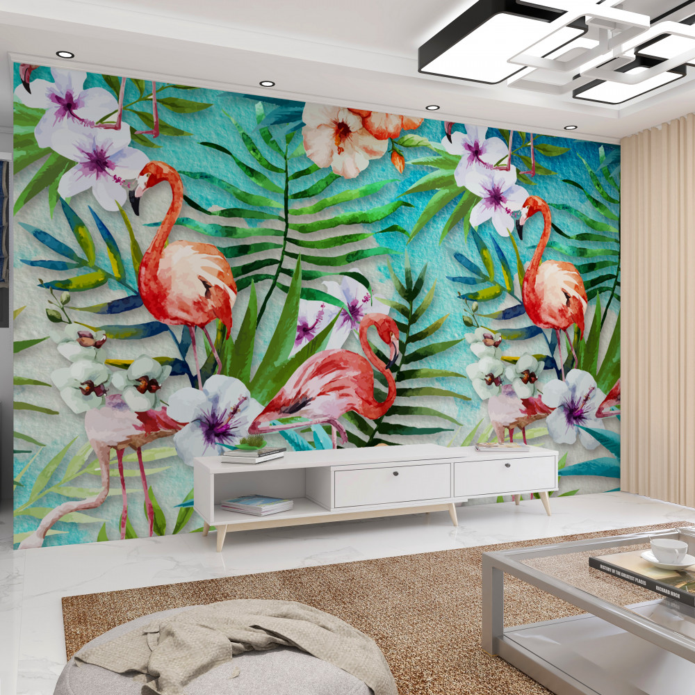 Fototapeta różowy flaming w liściach