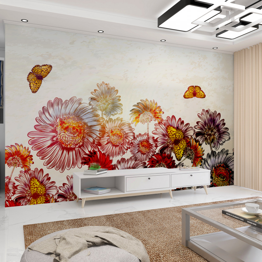 Fototapeta motyle latają nad jasnymi kwiatami