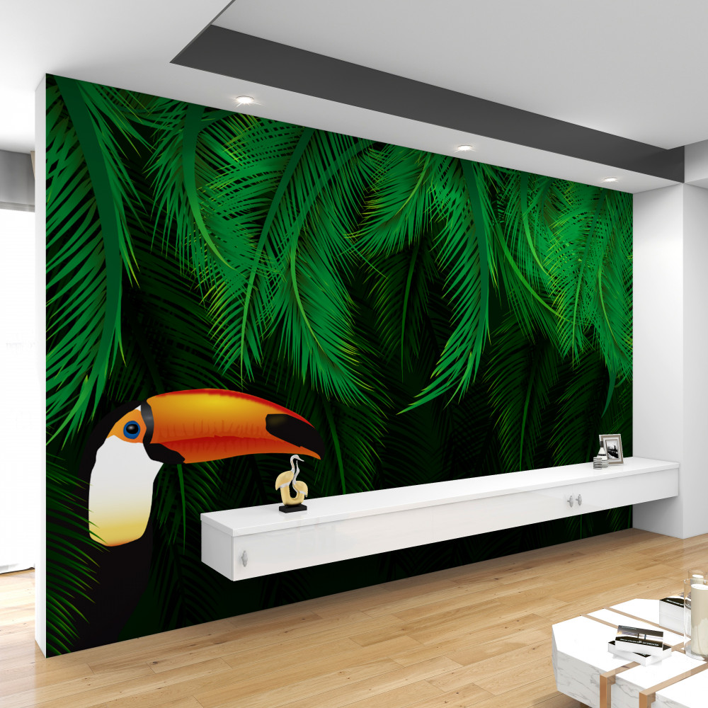 Fototapeta tukan w tropikalnych zielonych liściach