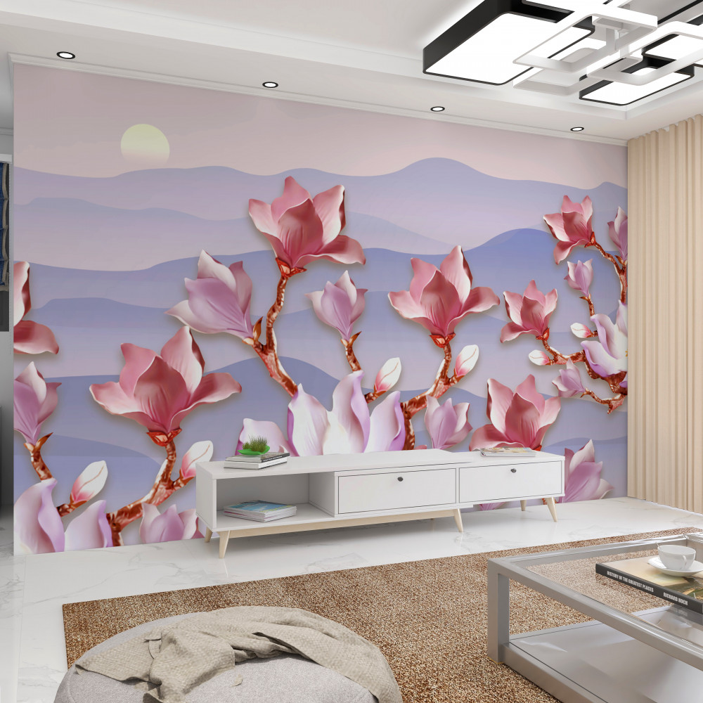 Fototapeta różowe pąki magnolii na tle zachodu słońca