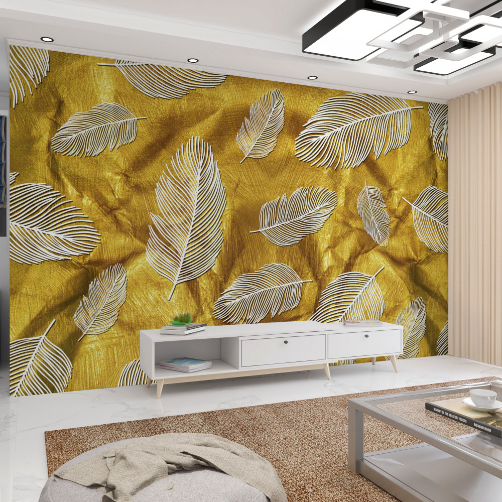 Fototapeta cienkie białe piórka na złotym tle