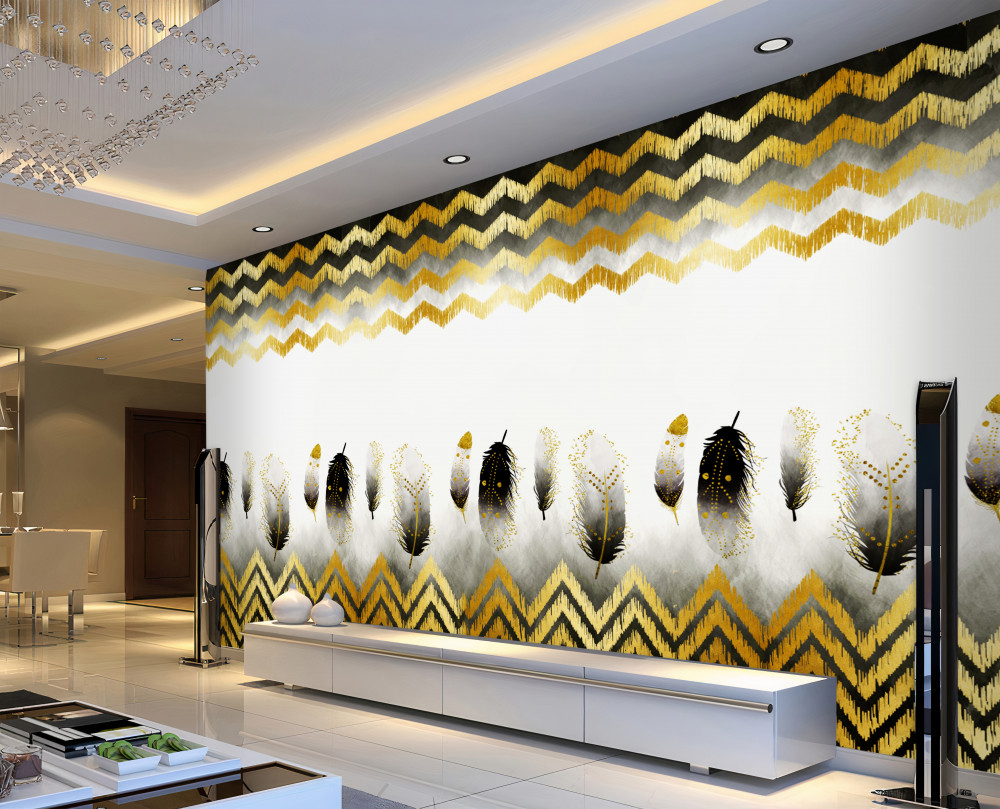 Fototapeta czarno-białe pióra i złote zakrzywione linie