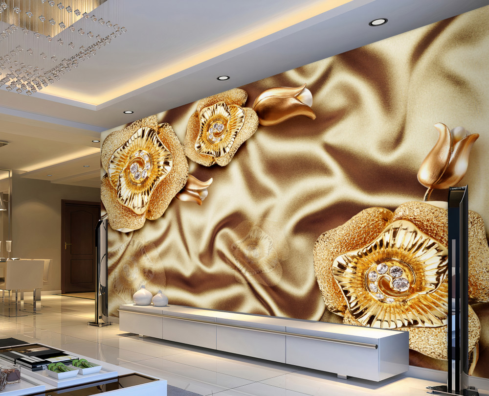 Fototapeta kwiaty z brązu na jedwabiu ze złotem