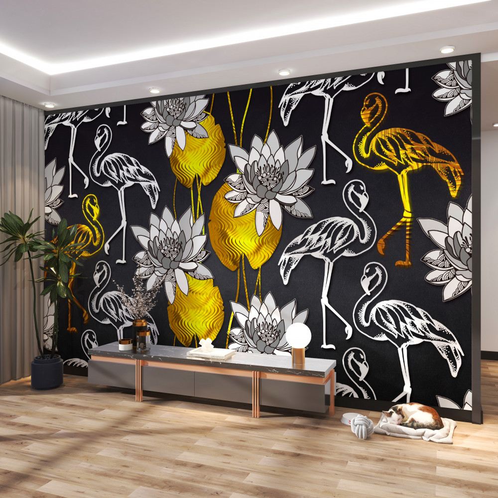 Fototapeta biały flaming i złote kwiaty