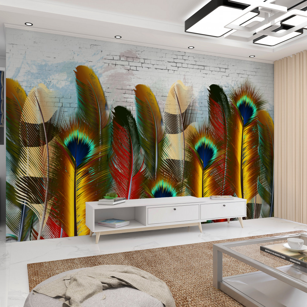 Fototapeta jasne pióra na białej ceglanej ścianie