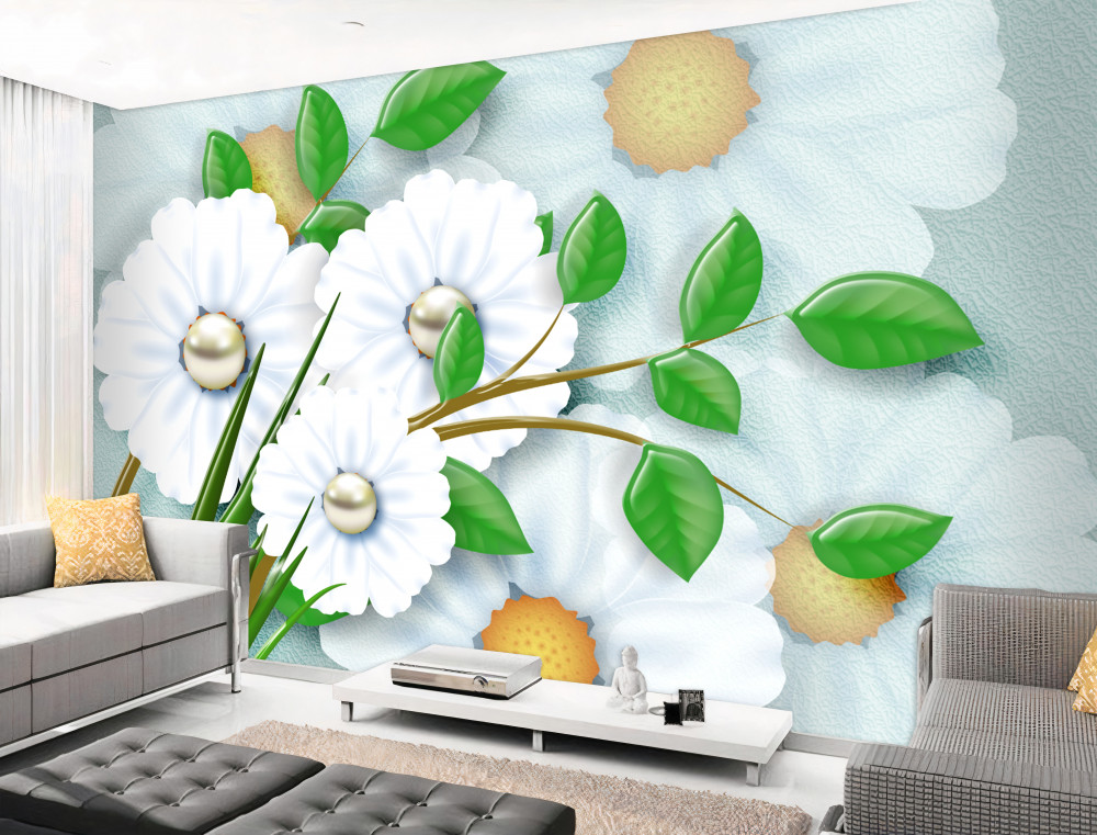 Fototapeta białe stokrotki z perłą w sercu