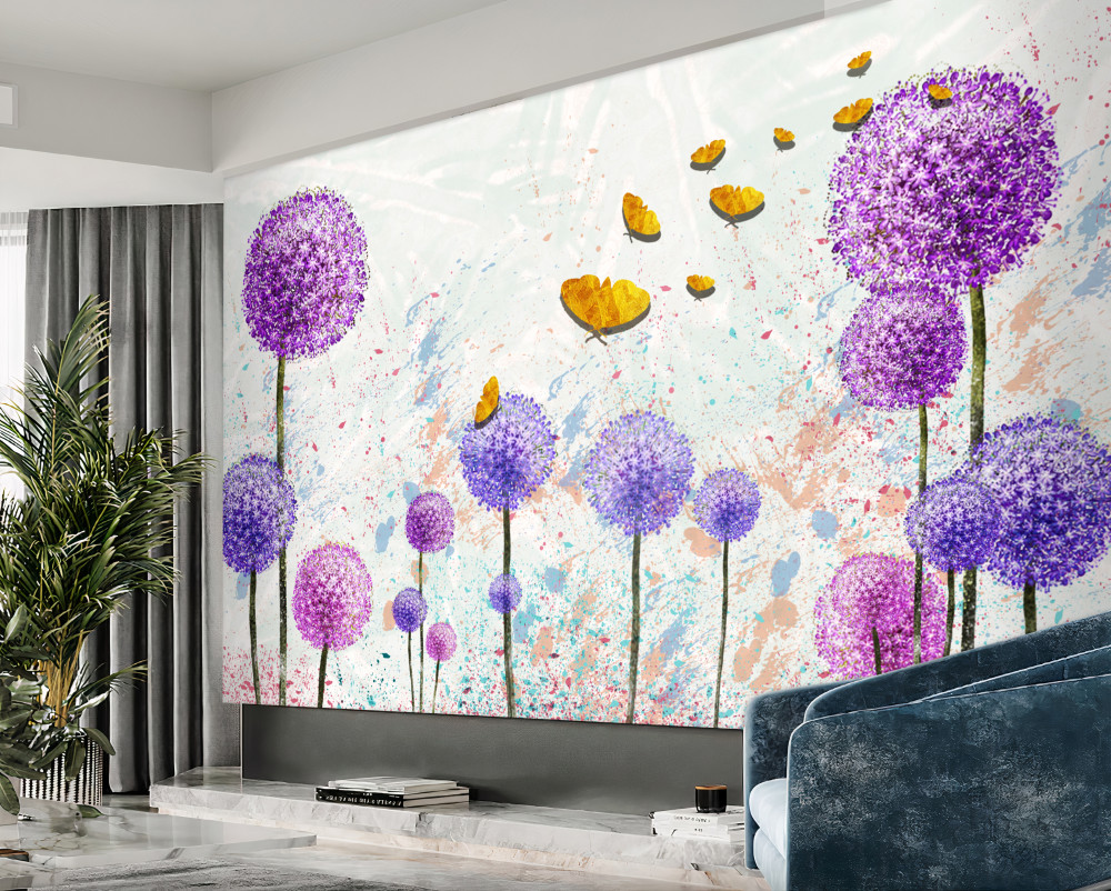 Fototapeta wielokolorowe mlecze i żółte motyle