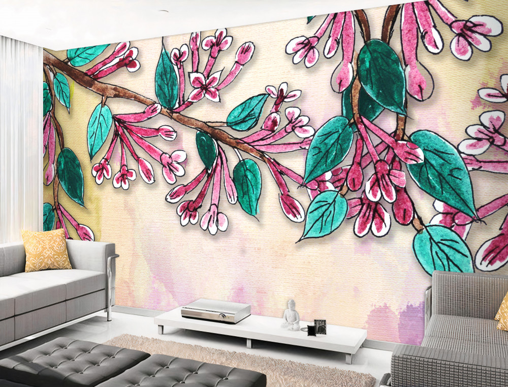 Fototapeta kwitnąca gałąź i liście sakury