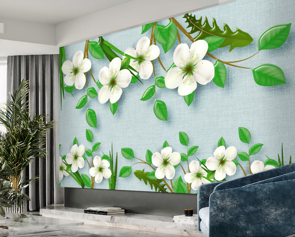 Fototapeta wiosną kwitnące drzewa na niebieskim tle