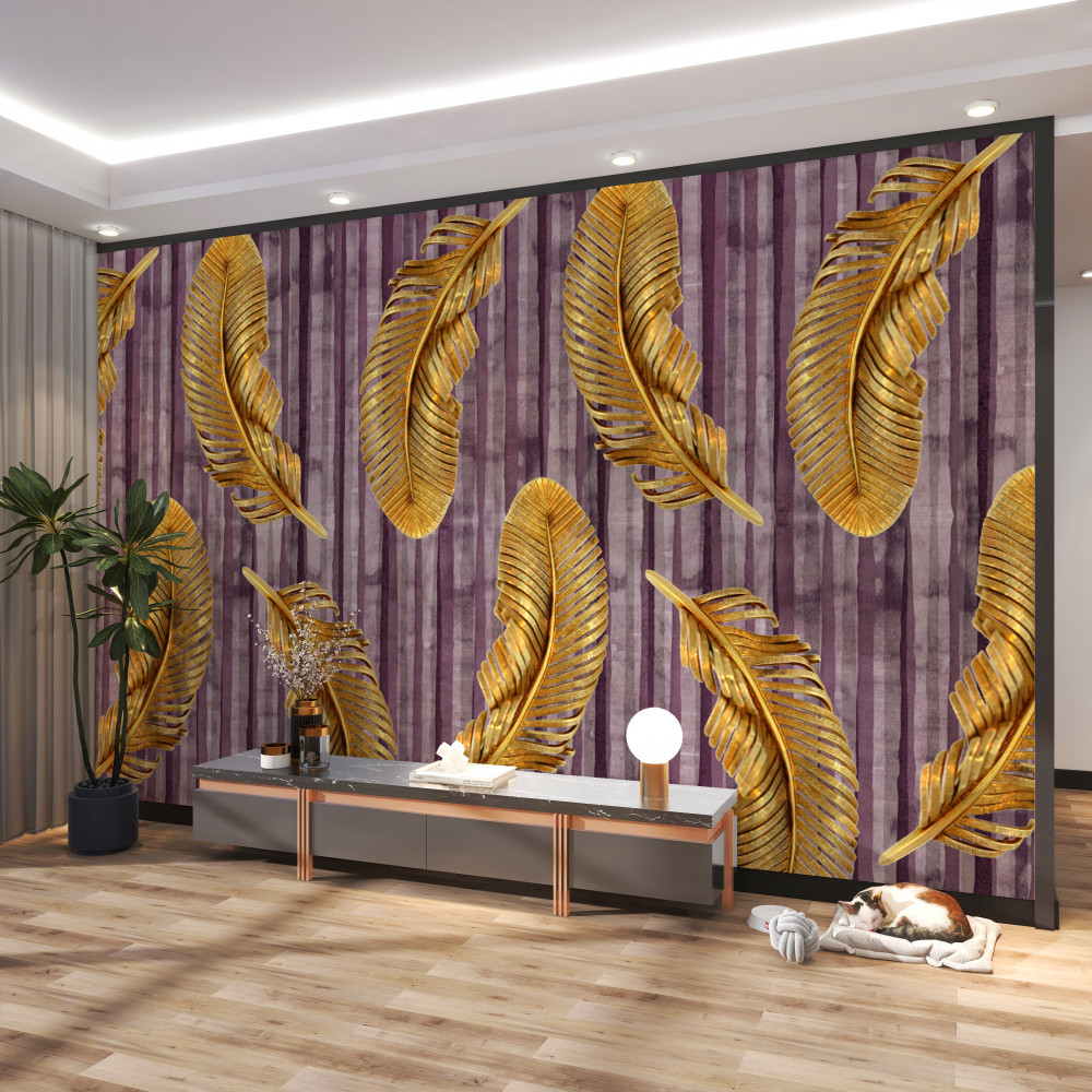 Fototapeta złote pióra na fioletowym tle