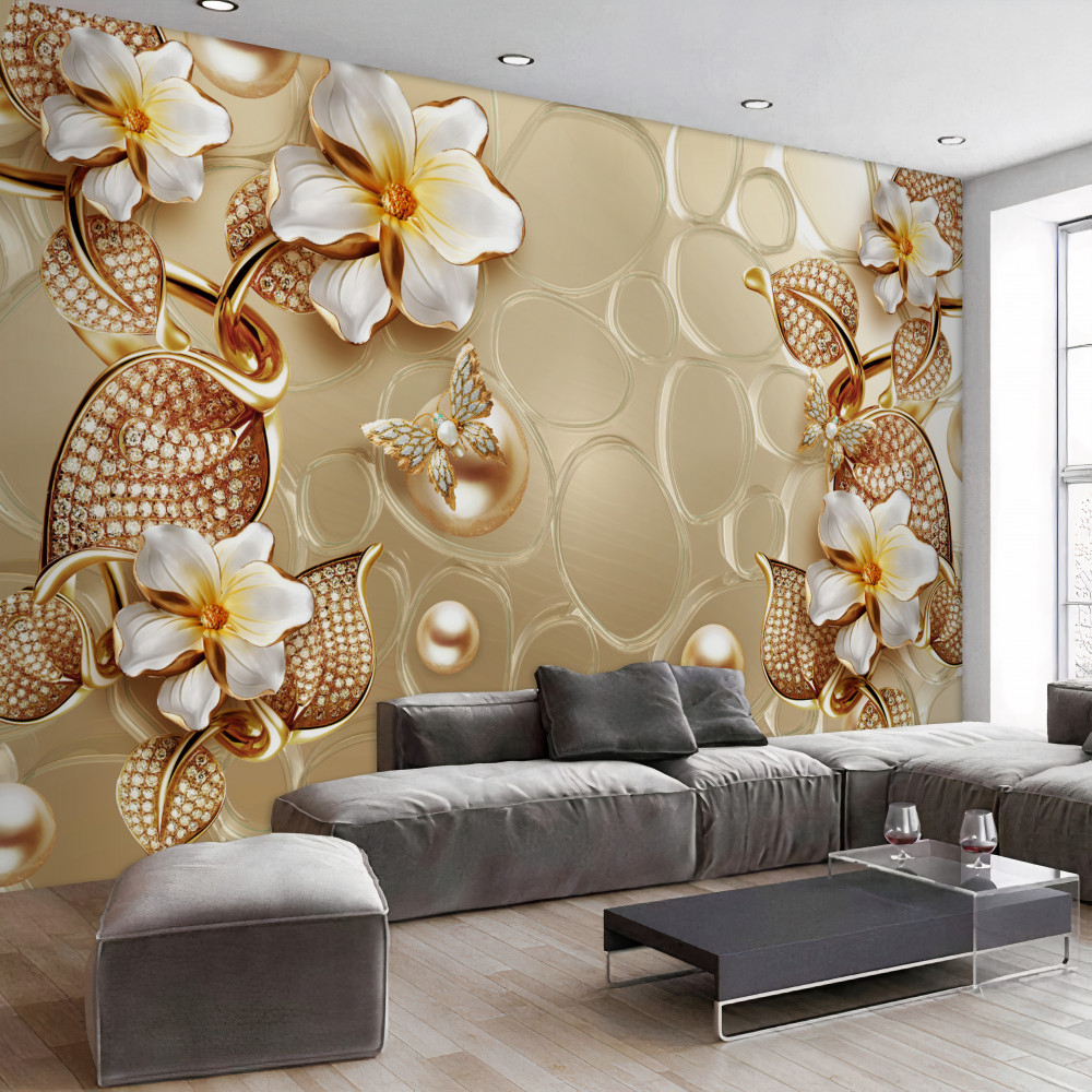 Fototapeta białe gałązki kwiatów z perłami na jedwabiu