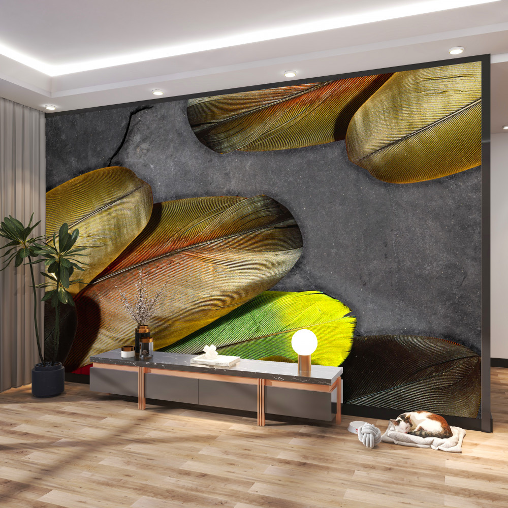 Fototapeta złote pióra na szarym tle