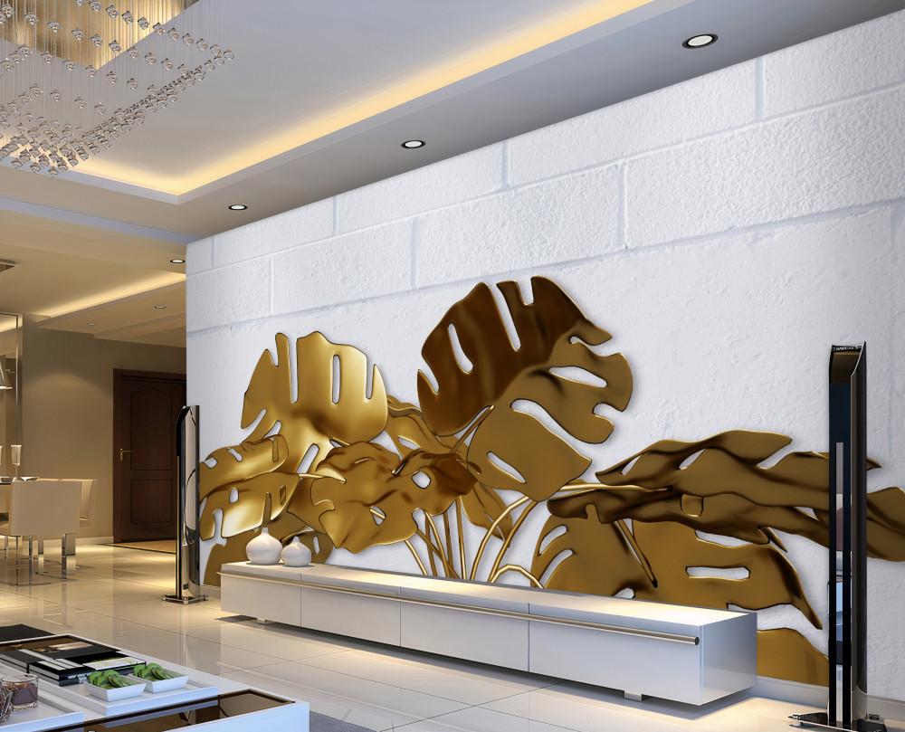 Fototapeta miedziane liście tropikalne na cegle