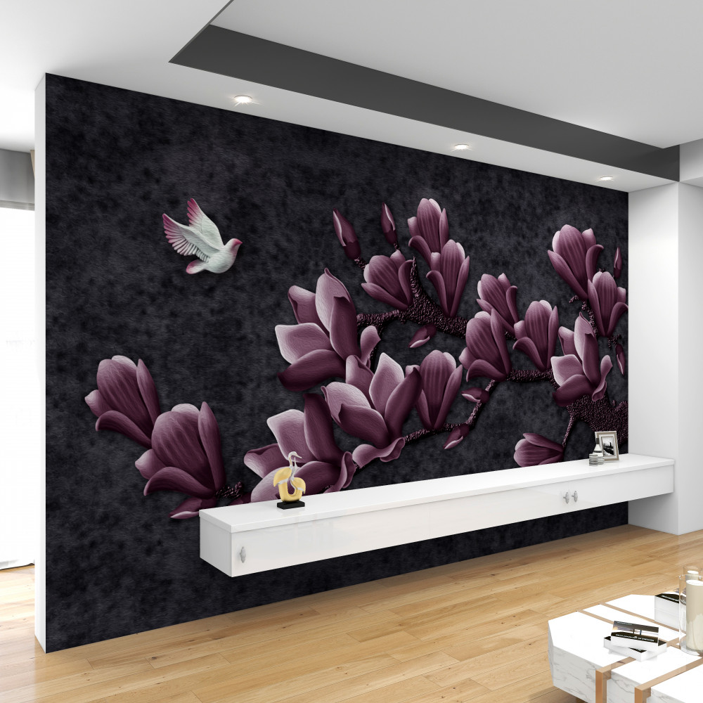 Fototapeta liliowa magnolia i ptak