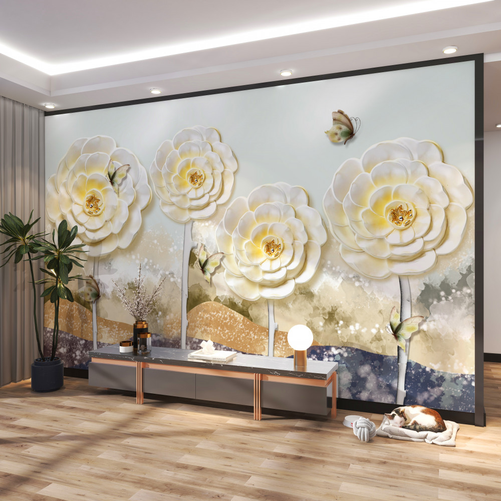 Fototapeta motyle obok dużych kremowych kwiatów