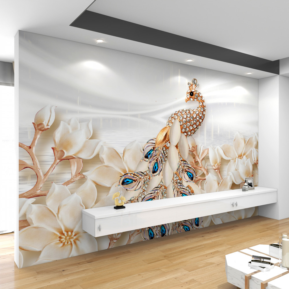 Fototapeta złoty paw z białymi kwiatami