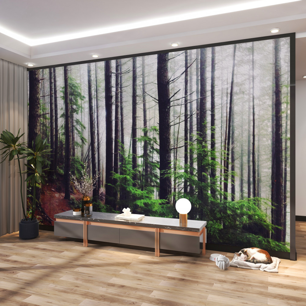 Fototapeta smukłe drzewa w mglistym lesie