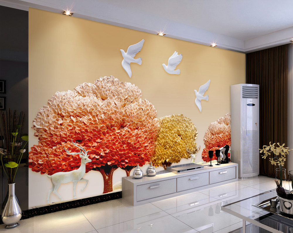 Fototapeta białe gołębie nad pięknym jesiennym lasem