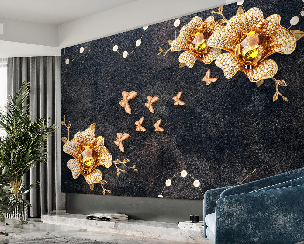 Fototapeta motyle na złotych kwiatach wieczorem