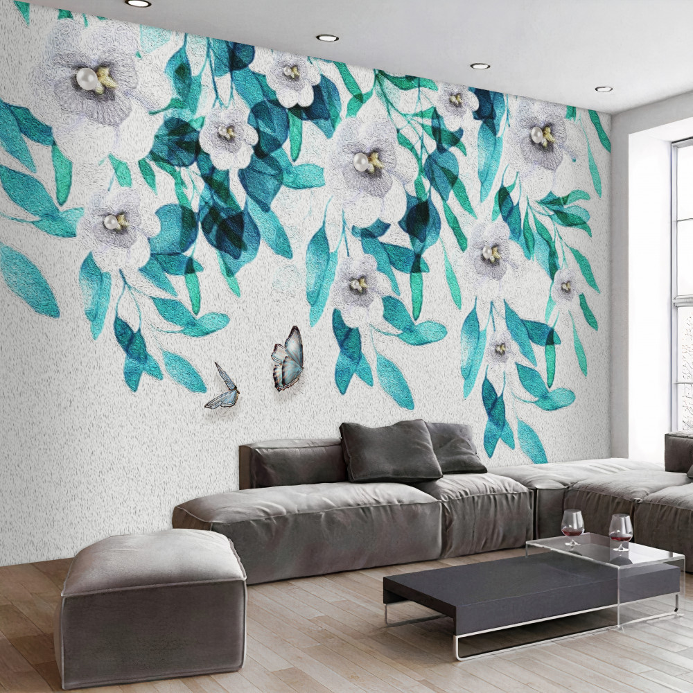 Fototapeta motyle obok delikatnych białych kwiatów