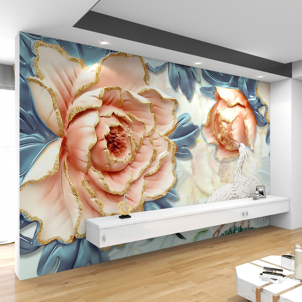 Fototapeta białe łabędzie i brzoskwiniowe róże