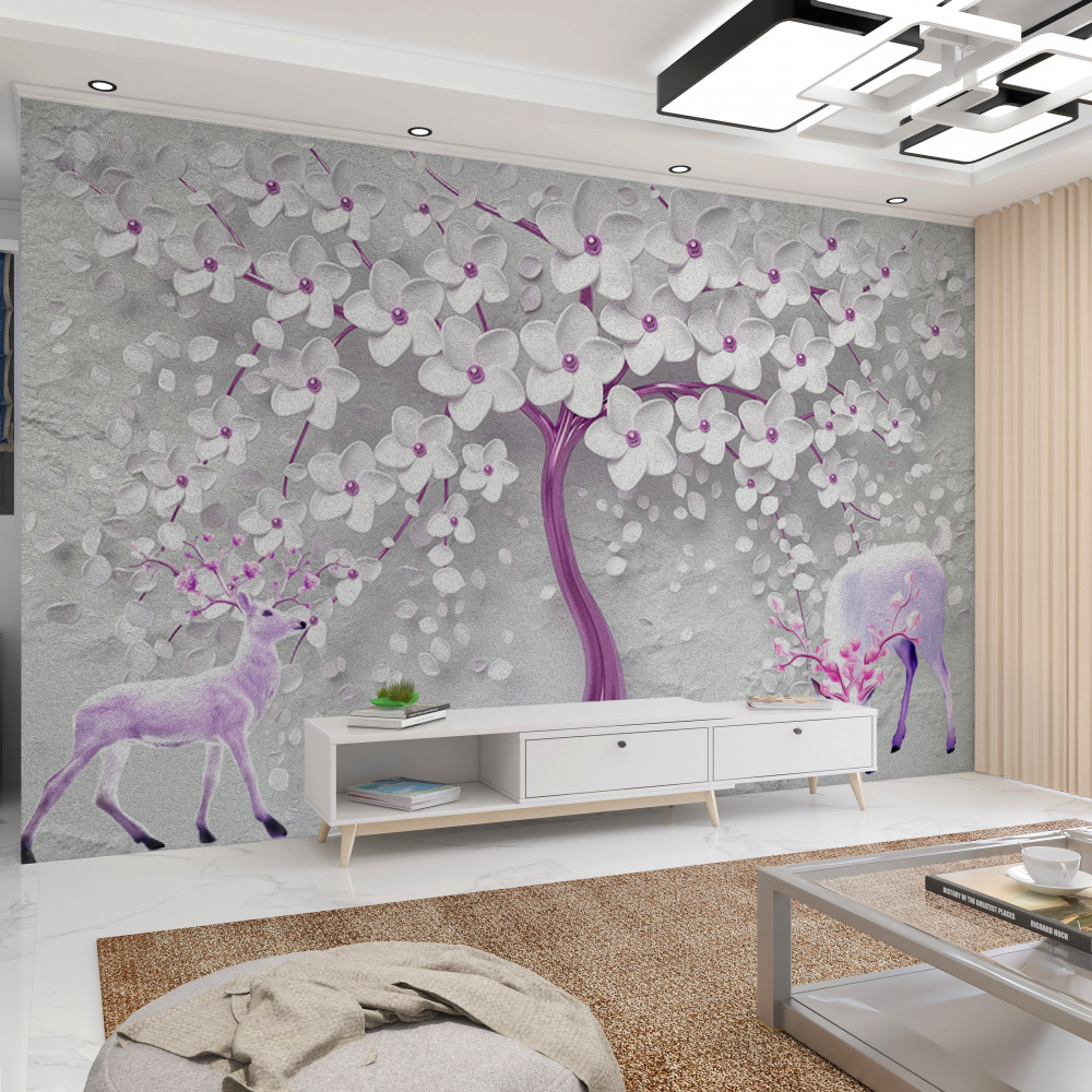 Fototapeta jeleń i drzewo ze śnieżnobiałymi kwiatami