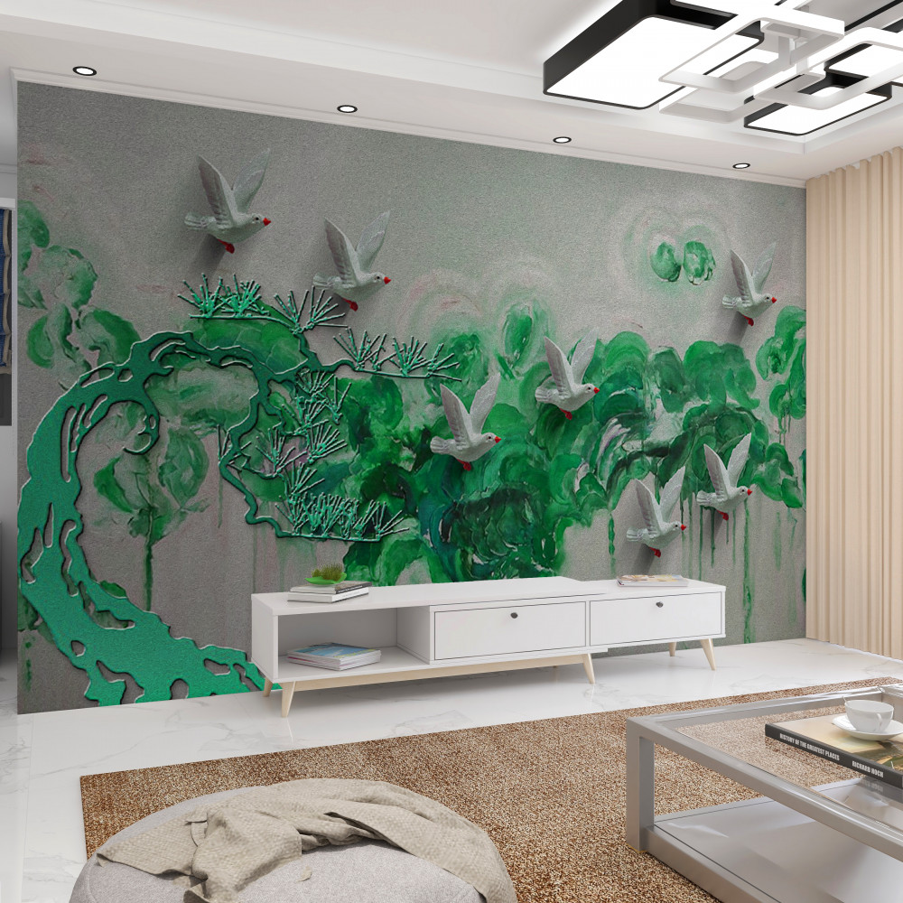 Fototapeta zielone liście i białe gołębie