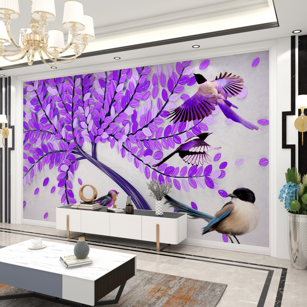 Fototapeta jasne fioletowe kwiaty i zimowe ptaki