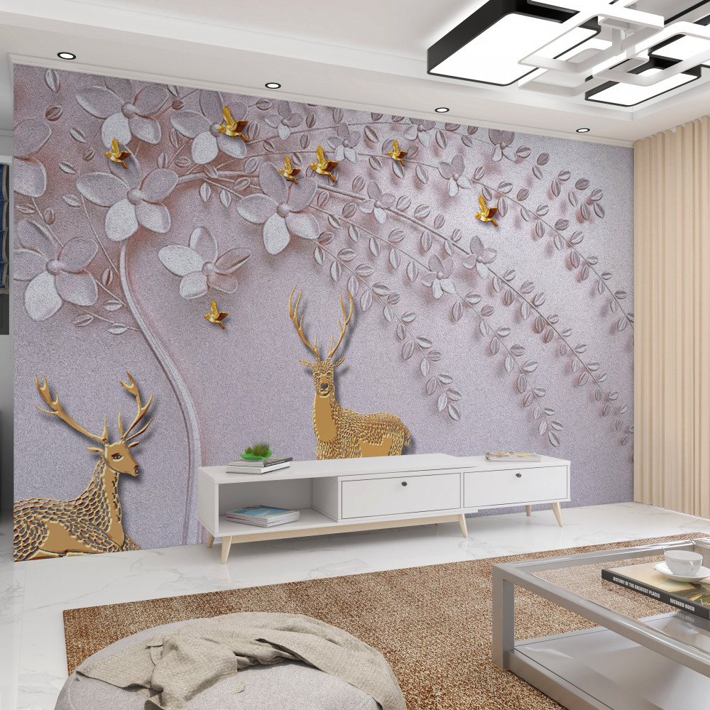 Fototapeta dumny złoty jeleń pod kwitnącym drzewem