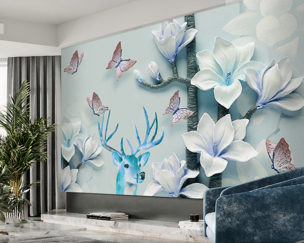 Fototapeta motyle jelenie i biała magnolia